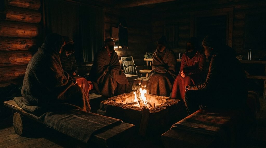 A lodge glowing with firelight on a snow-covered winter evening