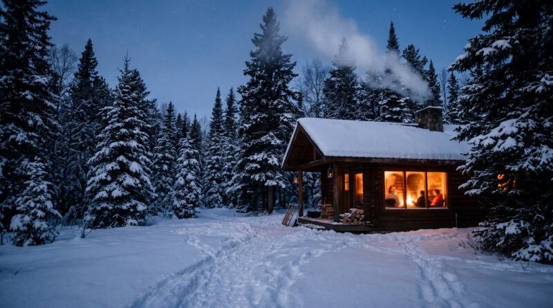 A lodge glowing with firelight on a snow-covered winter evening