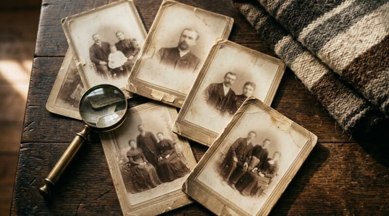 Historic portrait photographs spread on a table with a magnifying glass
