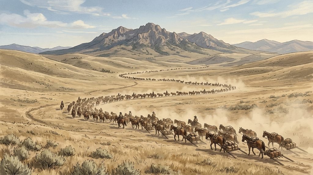 A long line of riders and loaded travois crossing high country in late summer