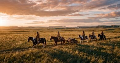 Riders crossing the Great Plains at golden hour, one horse pulling a loaded travois