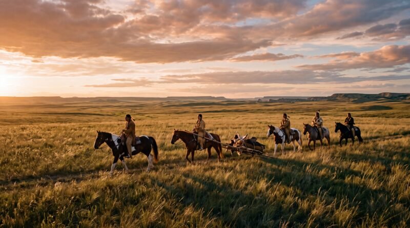 Riders crossing the Great Plains at golden hour, one horse pulling a loaded travois