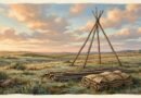 Three lodge poles raised as a tripod on the prairie at dawn