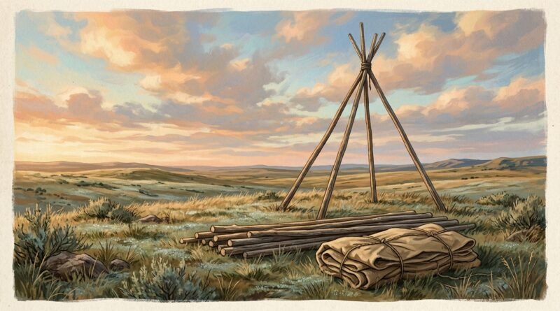 Three lodge poles raised as a tripod on the prairie at dawn