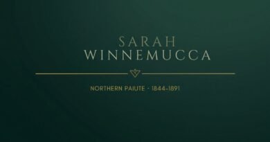 Editorial banner reading Sarah Winnemucca, Northern Paiute 1844-1891, in cream and gold on a deep green background.