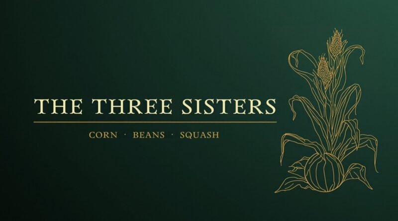 Editorial banner reading The Three Sisters, Corn Beans Squash, with a gold line drawing of corn, beans and squash on a deep green background.