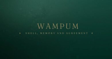 Editorial banner reading Wampum, Shell Memory and Agreement, in gold lettering on a deep green background.